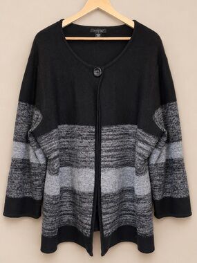 Vintage Tally-Ho Colorblock Striped Cardigan Sweater Black Gray Wool Size 2X